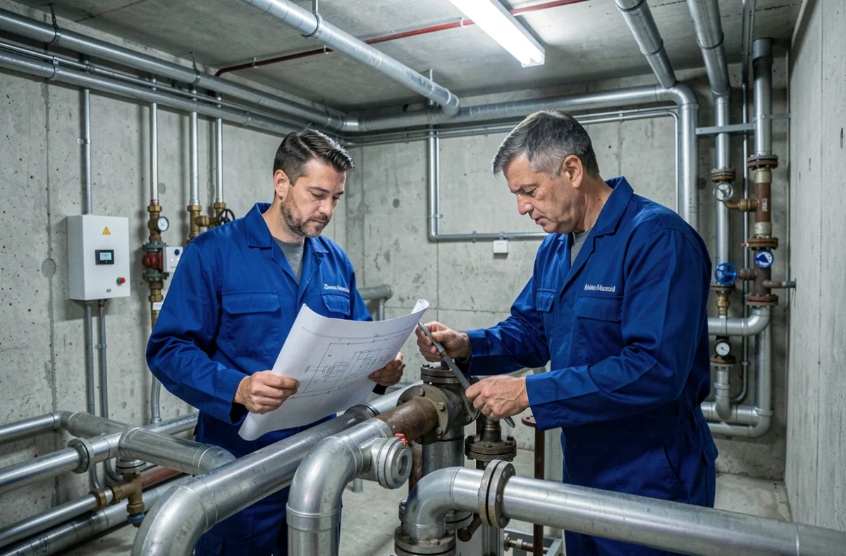 Équipe de plombiers AADD travaillant sur une installation de plomberie commerciale à Marseille