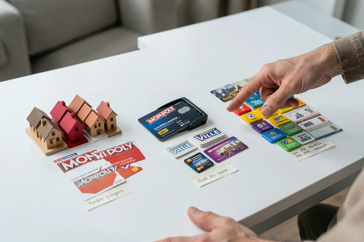 Comparatif des pièces et accessoires de jeu entre Monopoly classique, bancaire électronique et Monopoly Ville