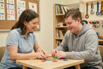 Éducatrice spécialisée accompagnant un jeune adulte en situation de handicap lors d'un atelier personnalisé dans un centre d'accueil associatif