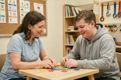 Éducatrice spécialisée accompagnant un jeune adulte en situation de handicap lors d'un atelier personnalisé dans un centre d'accueil associatif