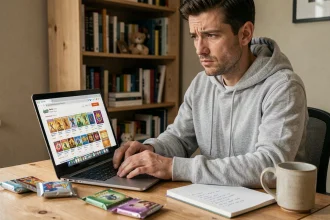Homme scrutant avec méfiance un site de vente de cartes Pokémon sur son ordinateur portable, entouré de boosters et de notes manuscrites