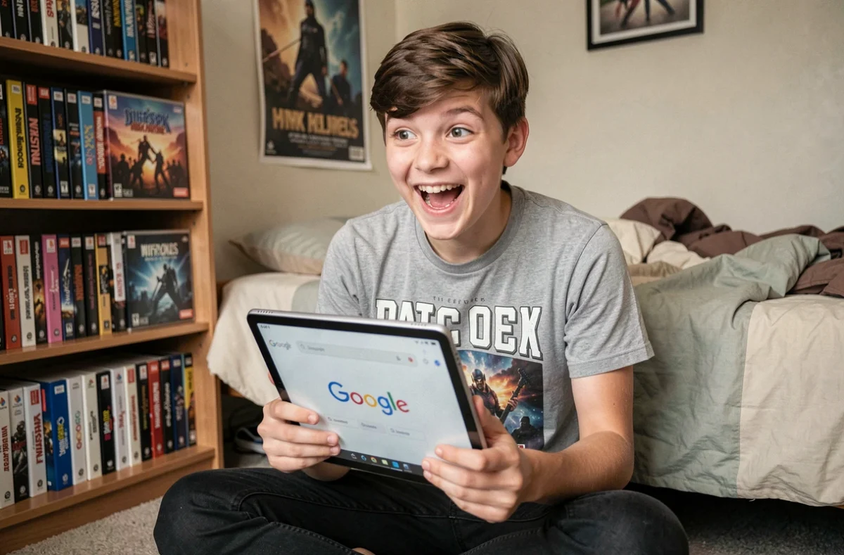 Adolescent riant de surprise en découvrant l'easter egg Do a Barrel Roll de Google sur une tablette dans sa chambre