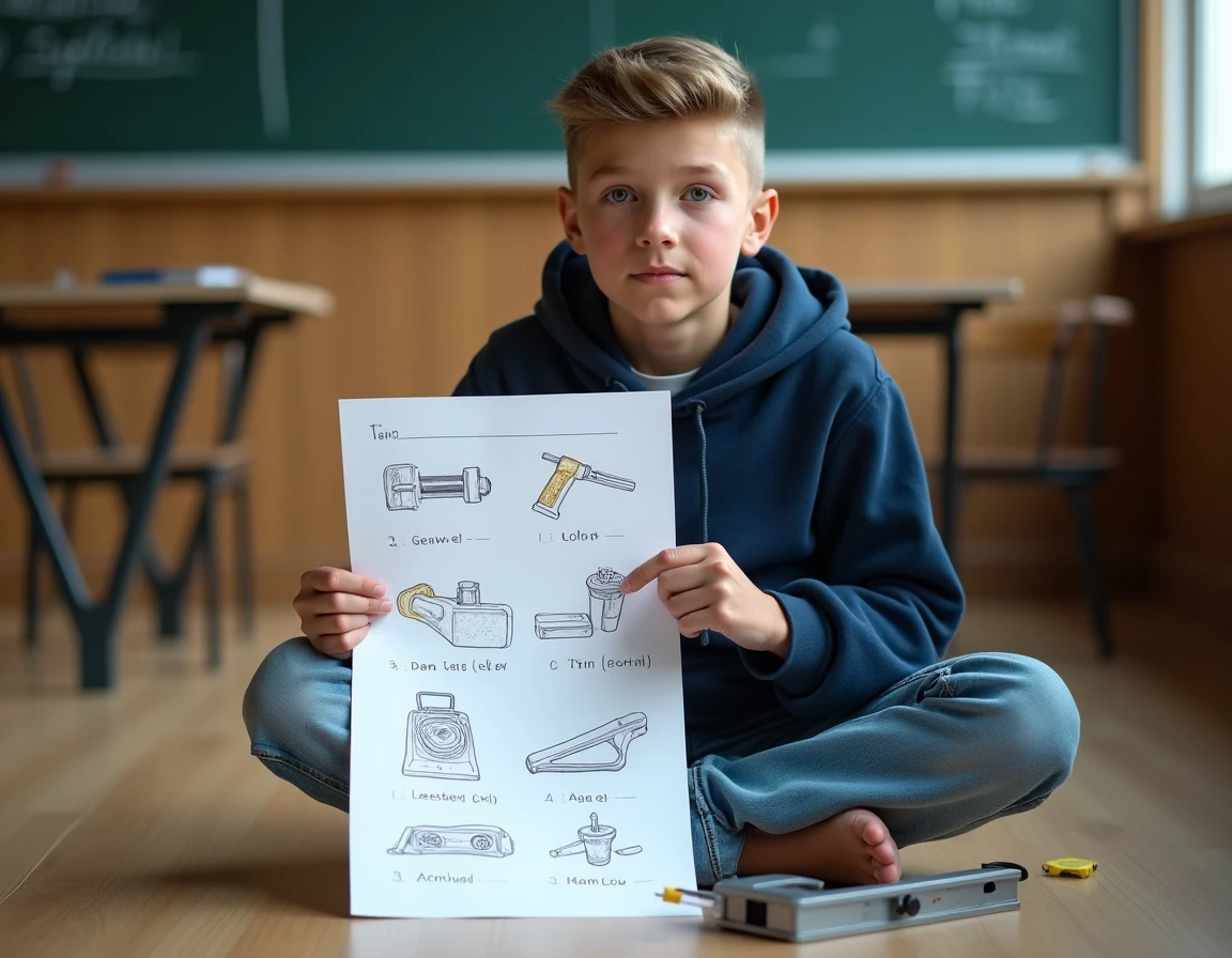 Adolescent étudiant une fiche illustrée de vocabulaire des outils en classe avec de vrais outils posés à côté