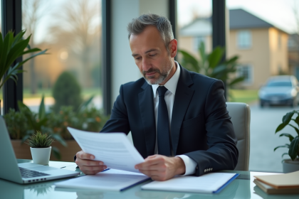 Agent immobilier en costume noir examine des documents