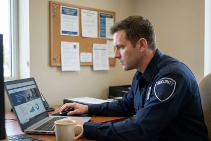 Agent de sécurité consultant un site web spécialisé sur son ordinateur portable dans un bureau professionnel