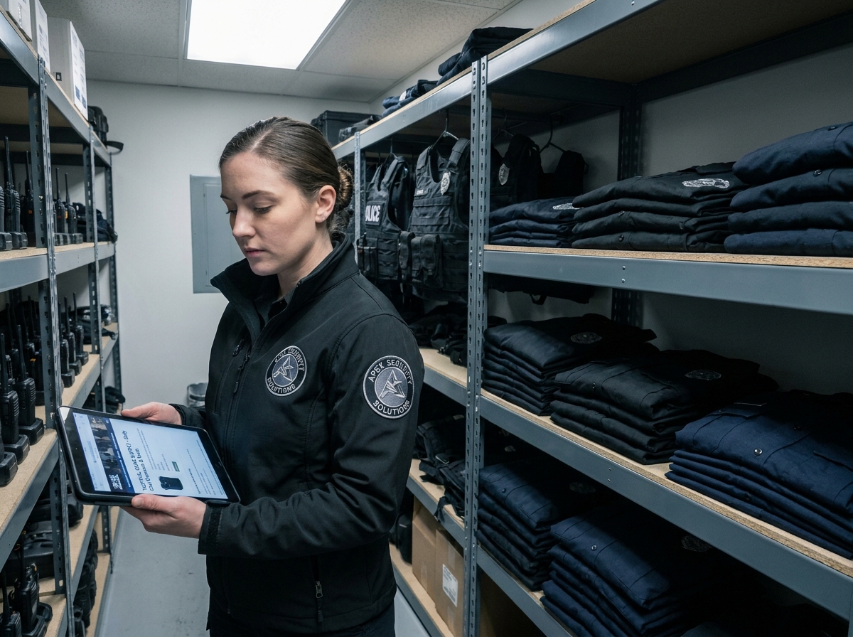 Agente de sécurité consultant une fiche produit sur tablette dans une salle d'équipement professionnelle