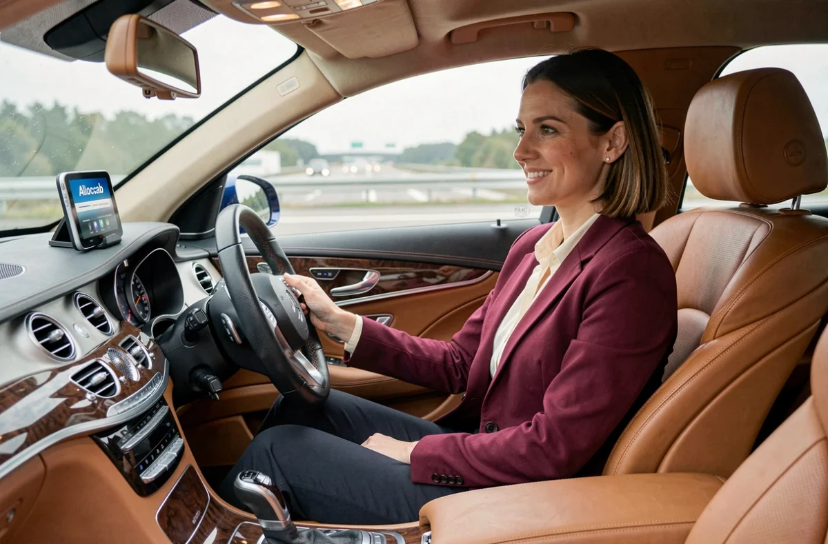 Chauffeuse Allocab en blazer bordeaux au volant d'une berline bleue avec support téléphone brandé sur tableau de bord et autoroute des Hauts-de-France floue en arrière-plan