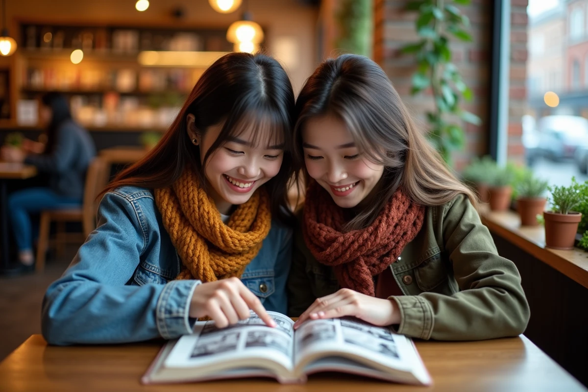 Deux amies découvrant ensemble un manga yaoi dans un café cosy avec décoration en brique apparente