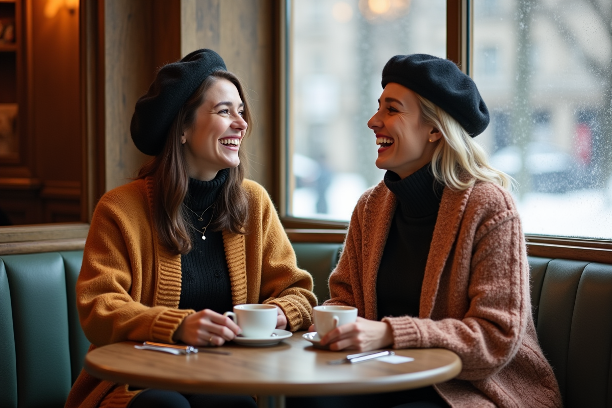 Deux amies souriantes dans un café parisien en hiver