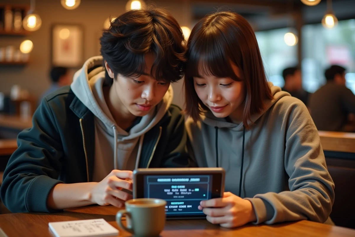 Deux amis vérifiant ensemble des codes valides pour le jeu Anime Last Land sur une tablette dans un café