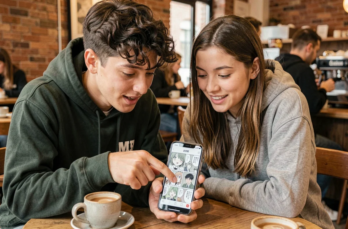 Deux amis découvrant un scan de manga ensemble sur smartphone dans un café
