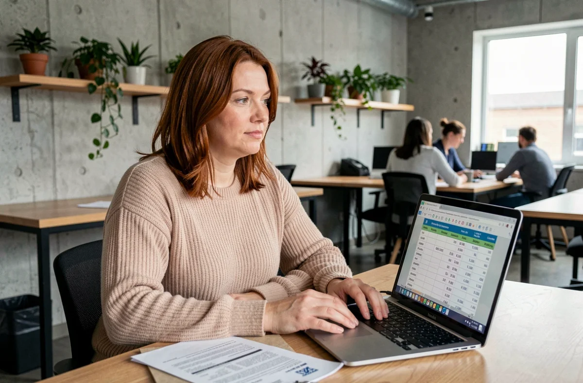 Femme analysant une fiche de paie avec tableau de conversion centième heure sur ordinateur portable en espace de coworking
