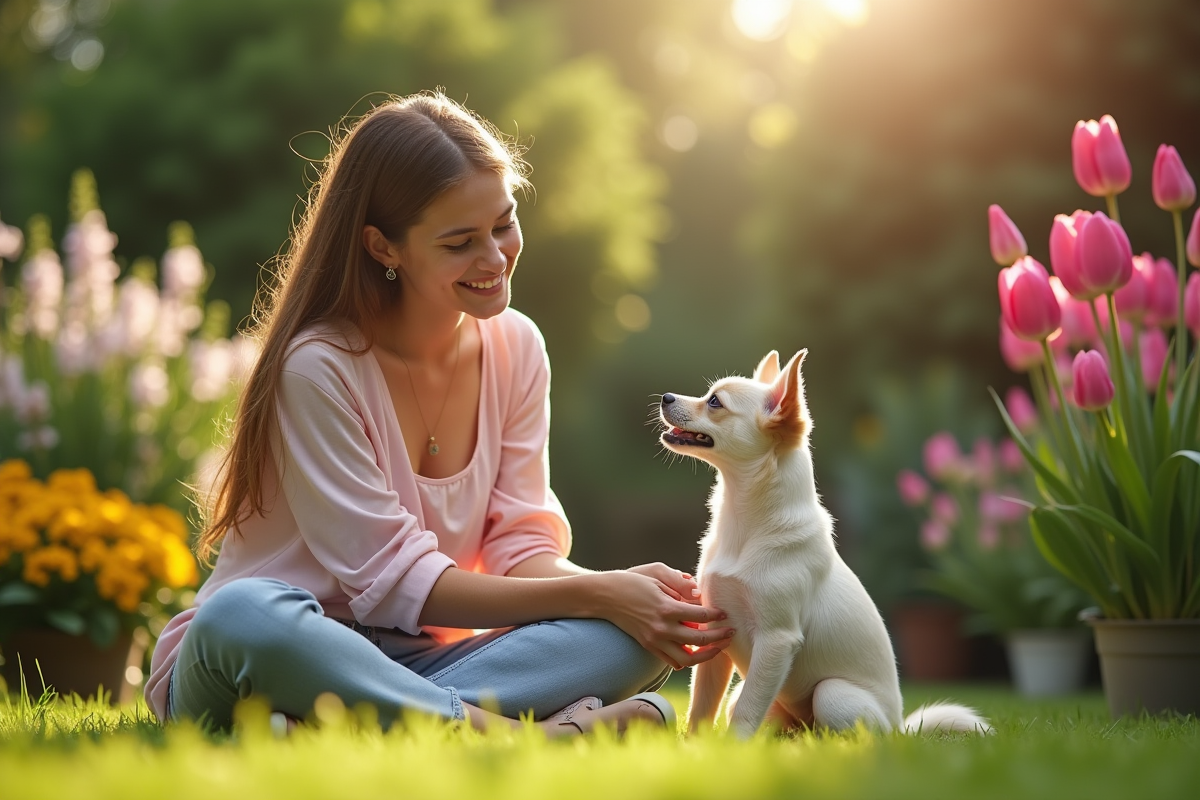 Jeune femme enseignant à un chiot Chihuahua dans un jardin ensoleille