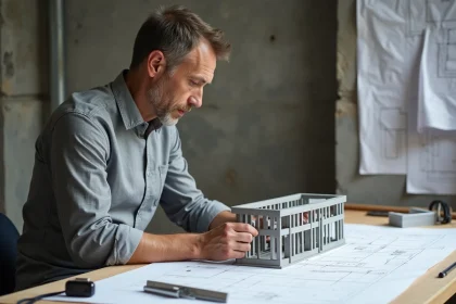 Architecte examinant une maquette en tubes aluminium rectangulaires sur une table à dessin avec des plans techniques