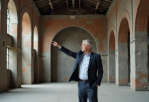 Réhabilitation en architecture : définition, tendances, exemples Architecte homme pointant vers arches en pierre dans bâtiment ancien