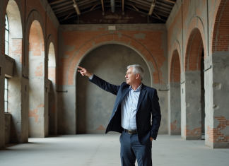 Réhabilitation en architecture : définition, tendances, exemples Architecte homme pointant vers arches en pierre dans bâtiment ancien