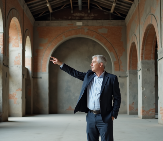 Réhabilitation en architecture : définition, tendances, exemples Architecte homme pointant vers arches en pierre dans bâtiment ancien