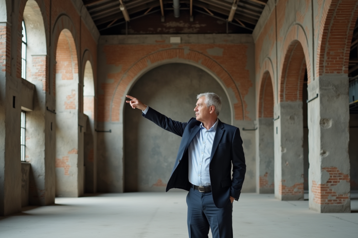 architecte-voile-arches-patrimoine Architecte homme pointant vers arches en pierre dans bâtiment ancien