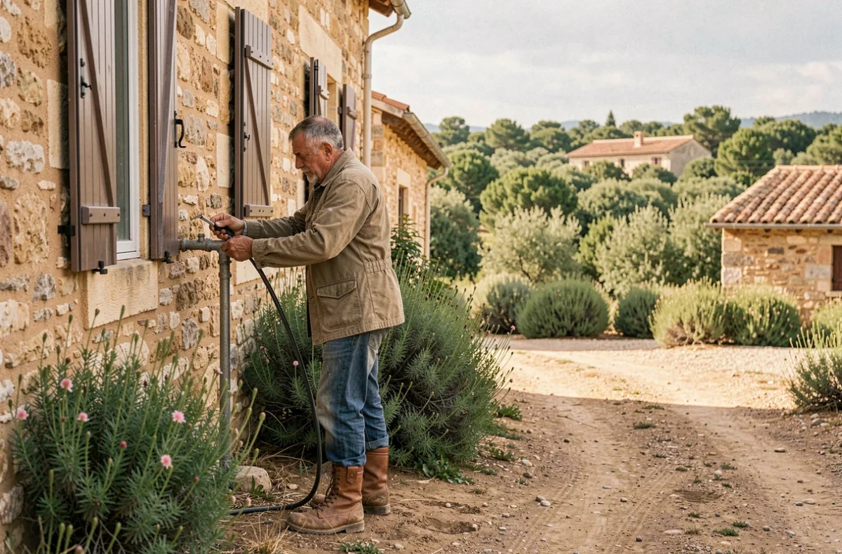 Artisan plombier de Trans-en-Provence réparant une canalisation extérieure sur une ferme varoise