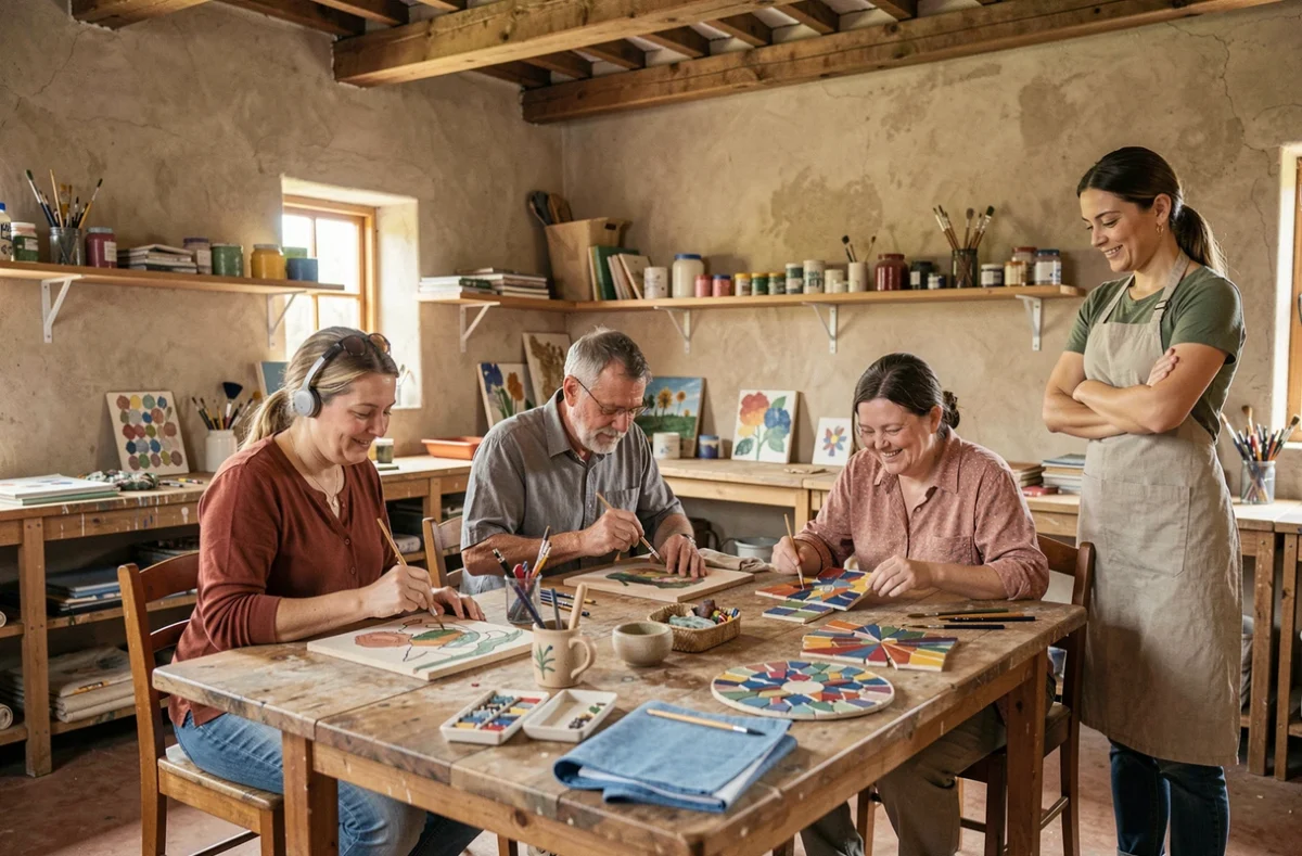 Groupe de personnes en situation de handicap participant à un atelier d'art-thérapie encadré par une professionnelle dans un centre associatif