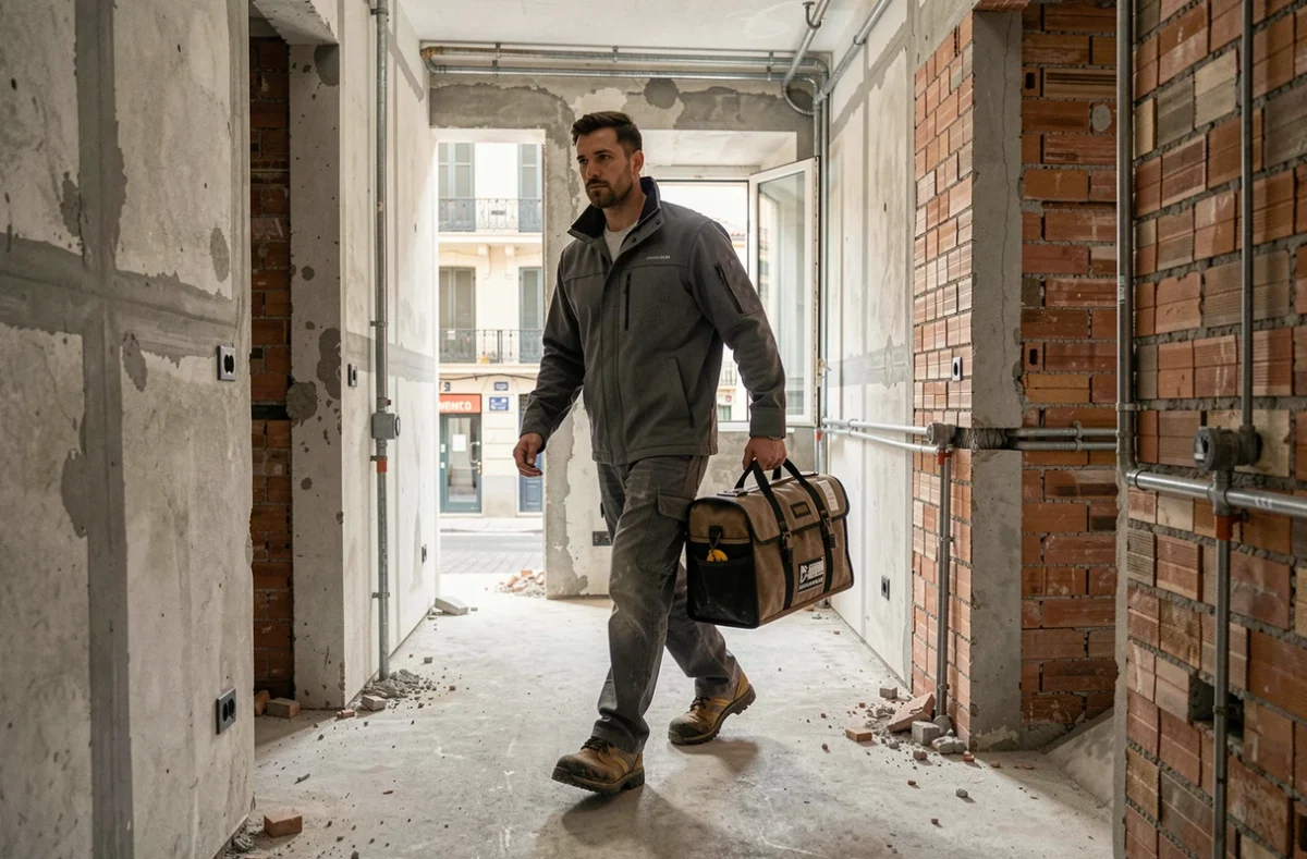 Plombier de L'Atelier du Plombier Marseille traversant un couloir en rénovation urbaine