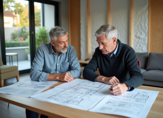 Audits énergétiques 2034 : biens concernés et obligations Hommes examinant un rapport d'audit énergétique dans un salon moderne