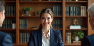 Femme en blazer navy remet un dossier au notaire dans un bureau professionnel