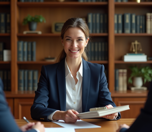 Femme en blazer navy remet un dossier au notaire dans un bureau professionnel