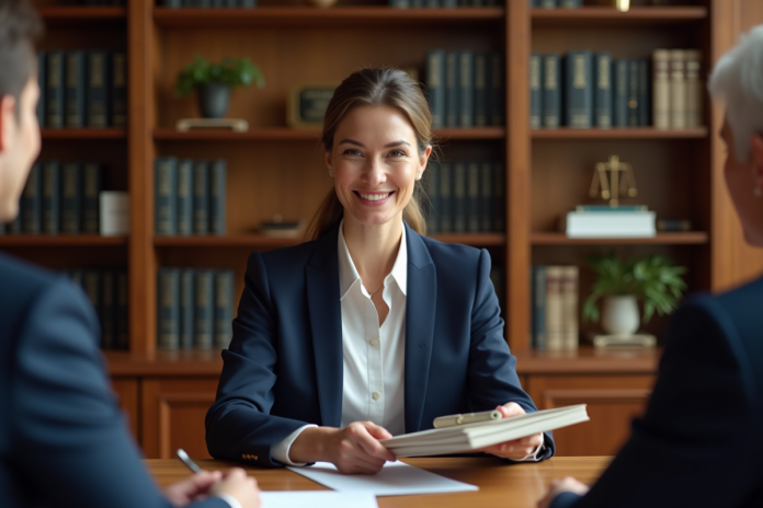 avocate-dossier-office Femme en blazer navy remet un dossier au notaire dans un bureau professionnel