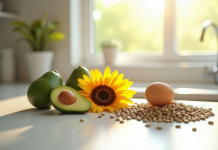 Avocats frais graines de tournesol et œuf sur plan de cuisine lumineux