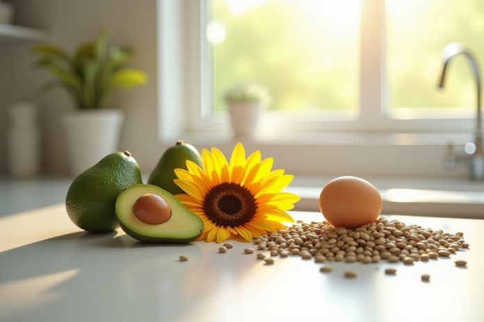 Avocats frais graines de tournesol et œuf sur plan de cuisine lumineux