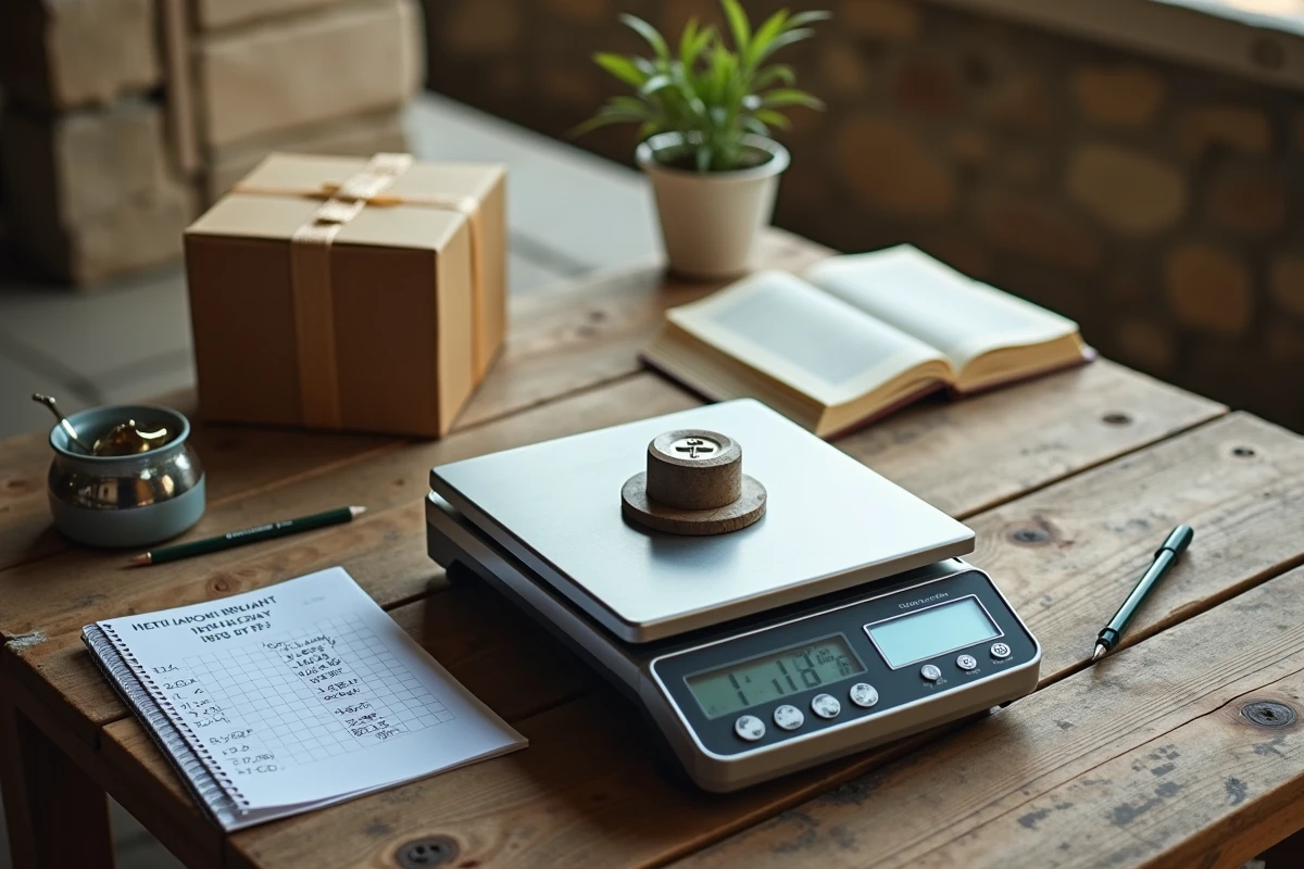 Balance numérique de pesée avec poids d'étalonnage et notes manuscrites de conversion kilogrammes en tonnes sur table en bois