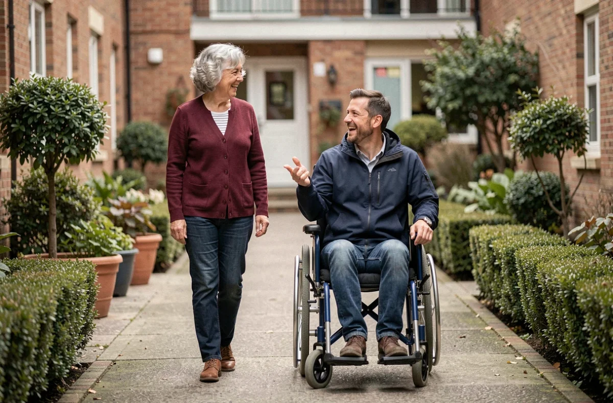 Bénévole accompagnatrice marchant aux côtés d'un homme en fauteuil roulant dans le jardin d'une structure associative dédiée au handicap