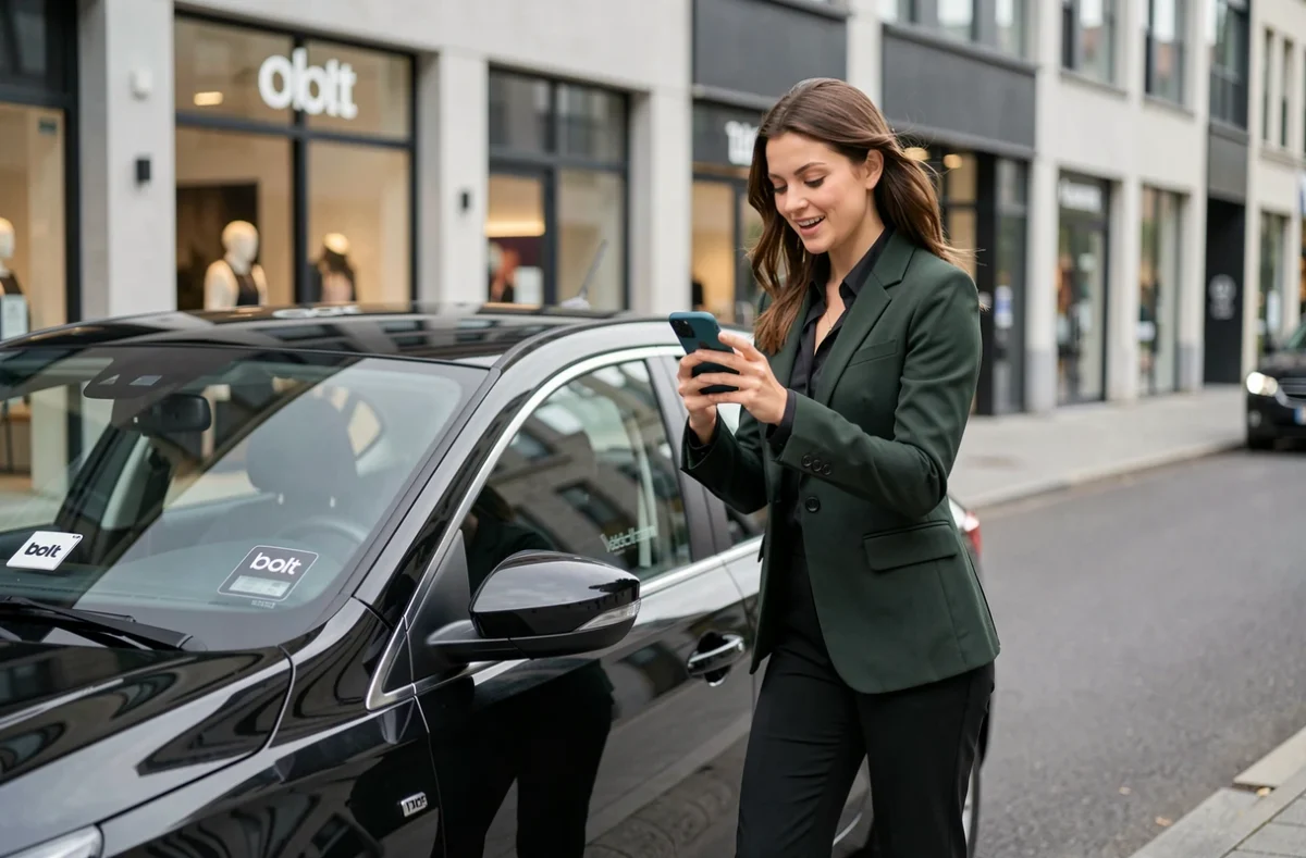 Chauffeuse Bolt Lille en veste vert foncé consultant son smartphone debout près d'une berline noire dans un quartier commercial moderne de Lille