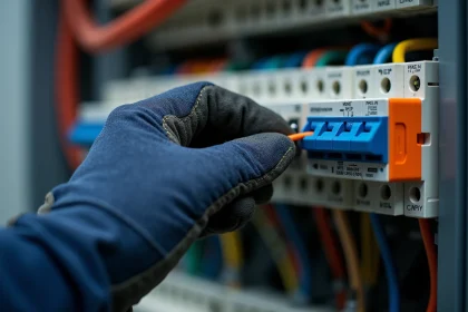 Électricien insérant un fil de cuivre dans une borne de connexion à levier sur rail DIN dans un tableau électrique industriel