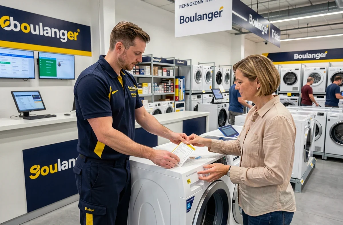 Technicien Boulanger enregistrant un appareil électroménager défectueux au comptoir SAV du magasin de Thiais