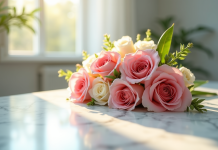 Bouquet de fleurs élégantes sur table en marbre blanc