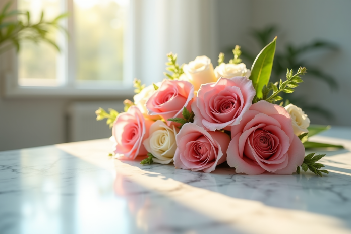 Bouquet de fleurs élégantes sur table en marbre blanc