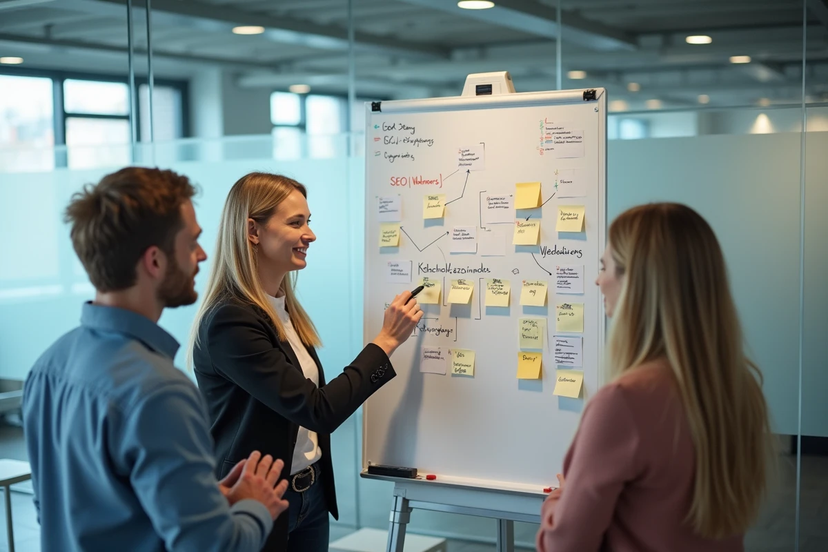 Groupe de collègues discutant stratégies SEO autour d