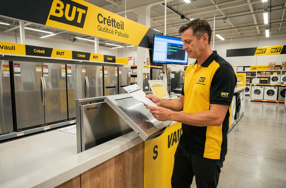 Employé du service après-vente BUT examinant un réfrigérateur défectueux au comptoir SAV du magasin électroménager à Créteil