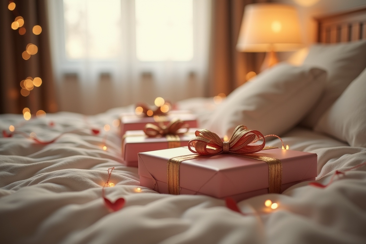 Cadeaux d anniversaire joliment emballés sur un lit douillet