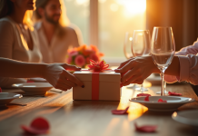 Couple échangeant des cadeaux élégants lors d'un dîner en plein jour
