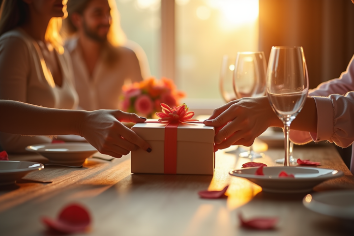Couple échangeant des cadeaux élégants lors d'un dîner en plein jour