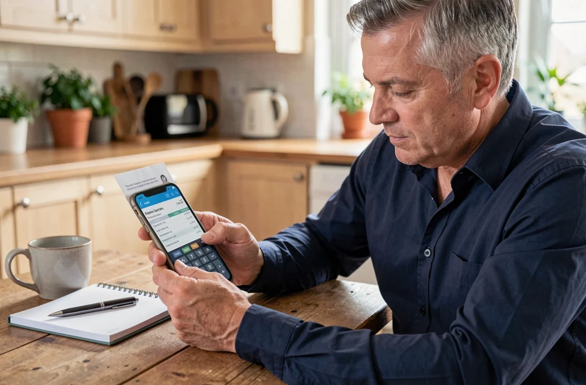 Homme consultant sa fiche de paie et calculant la conversion centième heure sur smartphone à domicile