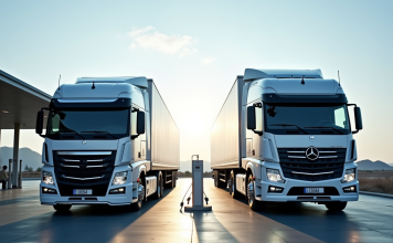 Inconvénient d’utiliser l’hydrogène : diesel vs. H2 en transport Camion hydrogene moderne et diesel côte à côte à la station