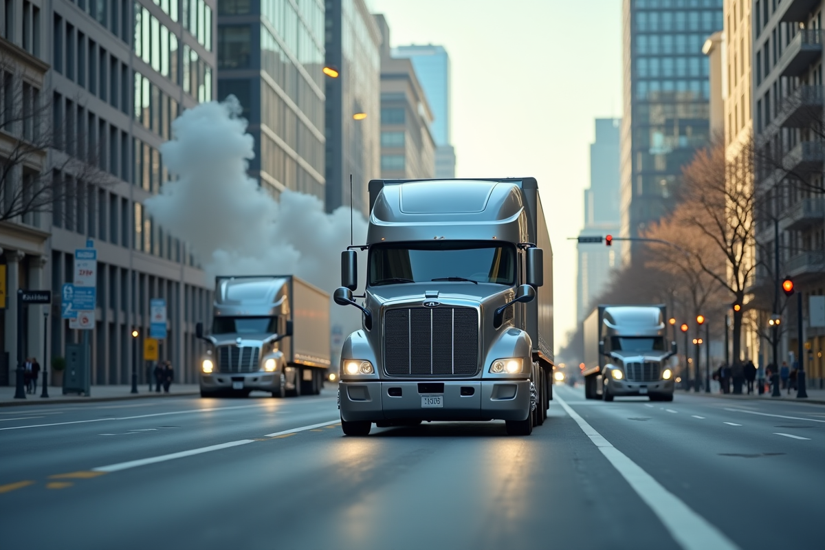 Camion hydrogene traversant une ville avec trafic et pollution