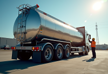 Camion citerne moderne dans un dépôt industriel avec un ouvrier