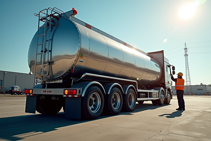 Camion citerne moderne dans un dépôt industriel avec un ouvrier