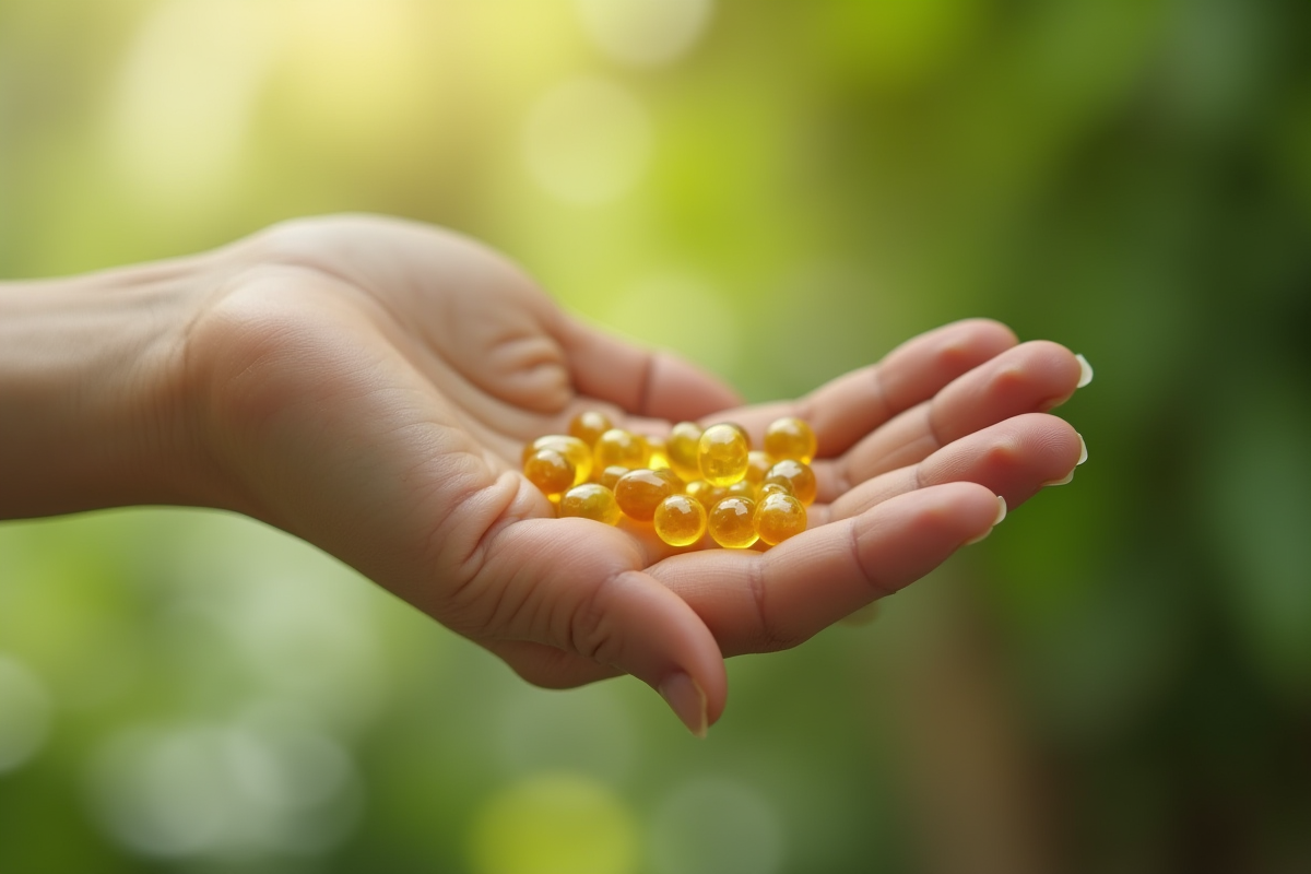 Main tenant une capsule avec des petits comprimés jaunes en nature