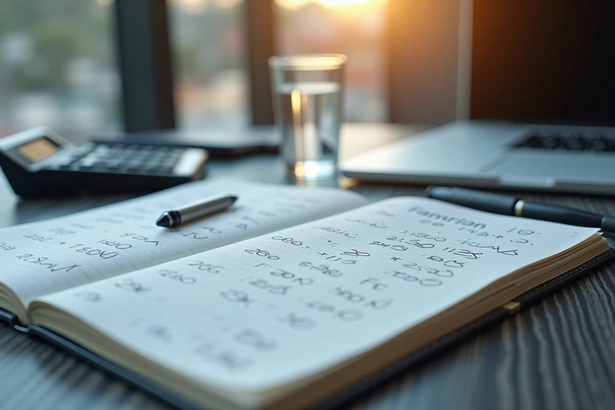 Carnet ouvert avec notes mathématiques et calculatrice sur un bureau lumineux